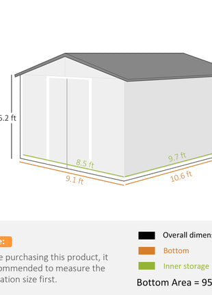 11' x 9' Metal Storage Shed Garden Tool House with Double Sliding Doors, 4 Air Vents for Backyard, Patio, Silver