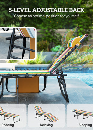Folding Outdoor Chaise Lounge Chair Tanning Chair with 5-Level Adjustable Back, Side Table, Pillow, Pocket, Mixed Color