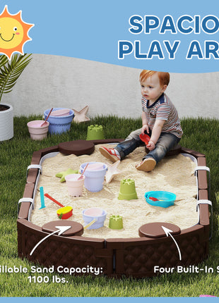 Kids Sandbox with Cover, 4 Corner Seats, Bottom Liner for Backyard, Garden, Outdoor, 71" x 42" W x 9", Dark Brown