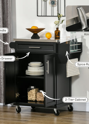 Kitchen Island on Wheels, Rolling Kitchen Cart with Stainless Steel Countertop, Drawer, Towel Rack and Spice Rack, Utility Storage Trolley, Black