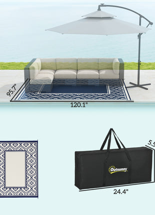 Reversible Outdoor Rug, Waterproof Plastic Straw with Carry Bag, 8' x 10', Blue & White Gourd Border