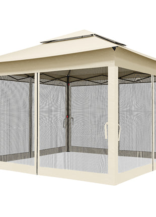 Outdoor Patio Pop Up Canopy Gazebo Shelter with Zipper Netting, Carry Bag, 11' x 11', Beige