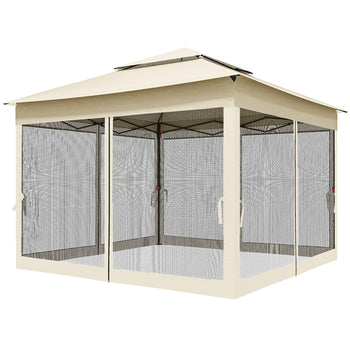 Outdoor Patio Pop Up Canopy Gazebo Shelter with Zipper Netting, Carry Bag, 11' x 11', Beige