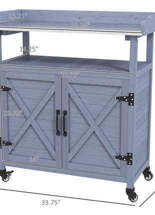 Outdoor Wooden Potting Bench with Storage Cabinet, Aluminum Tabletop, Rubber Wheels for Backyard, Patio, Balcony, Gray
