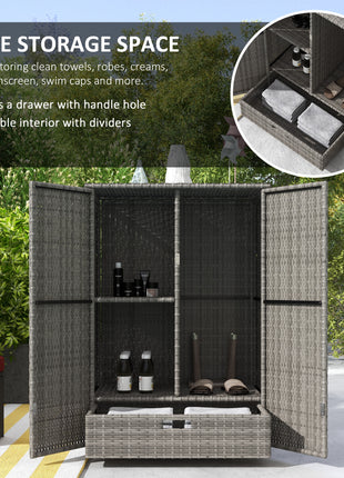 Outdoor Storage Cabinet with Shelves, Rattan Pool Towel Storage Cabinet with Removable Shelf & Drawer, Dark Gray