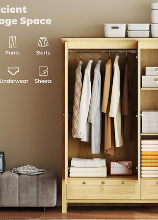 3 Doors Wardrobe Closet with 2 Drawers, Bedroom Armoire with Lockable Drawer, Hanging Rod and Storage Shelves, Natural