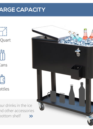 80 QT Rolling Cooling Bins Ice Chest on Wheels Outdoor Stand Up Drink Cooler Cart for Party, Black