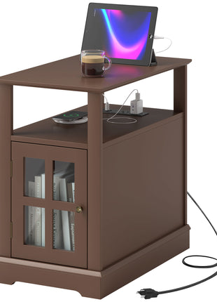 Narrow Side Table End Table with Charging Station, USB Ports, Modern End Table with Storage for Living Room, Brown