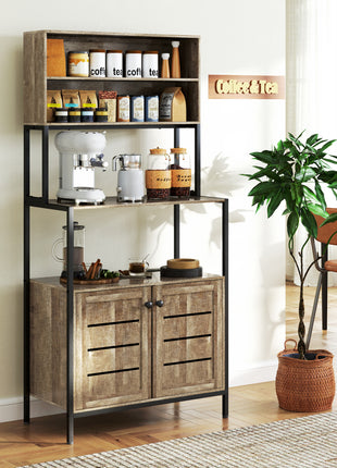 Baker's Rack with Power Outlet and Storage Shelves, Microwave Stand with Louvred Door Cabinets, Gray Wood Grain