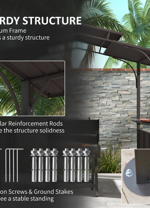 8'x5' BBQ Grill Gazebo, Outdoor Double Tiered Interlaced Polycarbonate Roof with Steel Frame, 2 Side Shelves, Brown