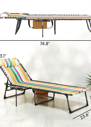 Folding Outdoor Chaise Lounge Chair Tanning Chair with 5-Level Adjustable Back, Side Table, Pillow, Pocket, Mixed Color