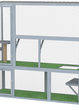 Catio Outdoor Cat Enclosure, 77" H Wooden Cat House with Weatherproof Roof, Platforms and Scratching Post