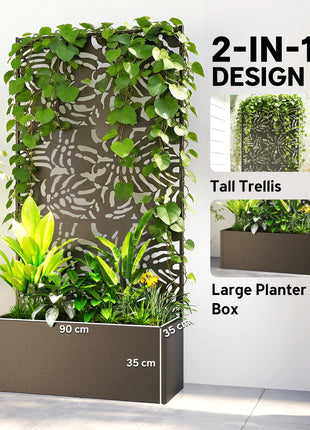 Metal Planter Box with Trellis, 71" Tall Raised Garden Bed with Privacy Screen and Drainage Holes, Banana-Leaf Cut-Outs