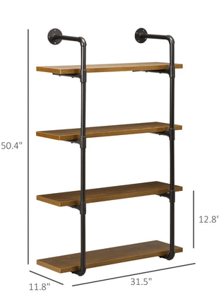 4-Tier Industrial Pipe Shelves Floating Wall Mounted Bookshelf, Metal Frame Display Rack, 1" Thickness Shelving Unit for Farmhouse, Kitchen, Bar, Rustic Brown