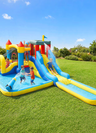 6 in 1 Inflatable Water Slide Park with Splash Pools, 2 Slides, Trampoline, Climbing Wall, Cannon, Basketball Hoop