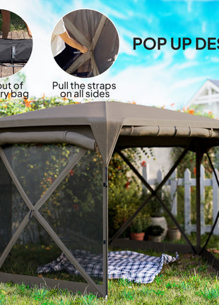 11 x 11ft Pop Up Gazebo Screen Tent with Removable Roof Cover, Roll-up Wind Panels for Camping, Backyard, Brown