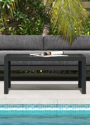 Outdoor Coffee Table, Rectangular Patio Side Table with Steel Frame and Slat Tabletop for Garden, Balcony, Black