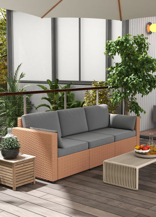 Patio Couch PE Wicker Deep Seating Outdoor Sofa with Removable Cushions, 3 Seater Rattan Sofa, Outdoor Furniture for Balcony, Deck, Garden and Poolside, Sand