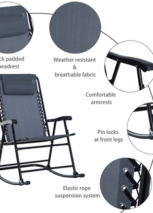 Outdoor Folding Rocking Chair Patio Table Seating Set, 2 Rocking Chairs with Armrests and 1 Side Table with Tempered Glass - Gray