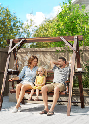 3 Seat Wooden Porch Swing with Stand, Patio Swing with Side Tables, for Garden, Poolside, Backyard, Carbonized Brown