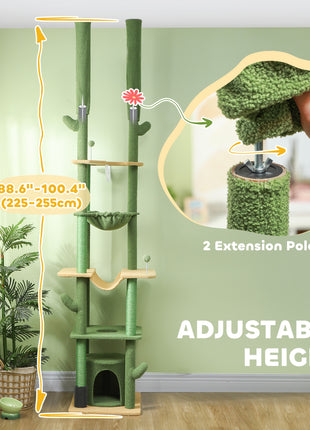 89"-100" Floor to Ceiling Cat Tree, Cat Climbing Tower with Grooming Brush Post, Cat Condo, Hammock, Green