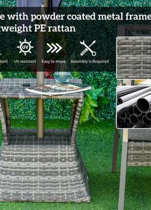 Outdoor Side Table with Umbrella Hole, 2 Tier Rattan Wicker End Table with Storage Shelf, All Weather for Patio, Garden, Backyard, Mixed Gray