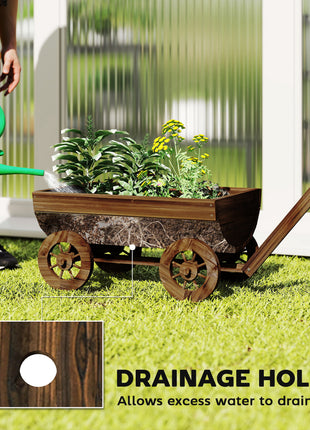 Wooden Wagon Planter Box, Mobile Garden Planter with 4 Wheels, Small Wheelbarrow Wagon Flower Cart with Drainage Hole