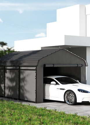 10' x 15' Metal Carport, Heavy Duty Garage Car Canopy with Galvanized Metal Roof and Removable Sidewalls, Dark Gray