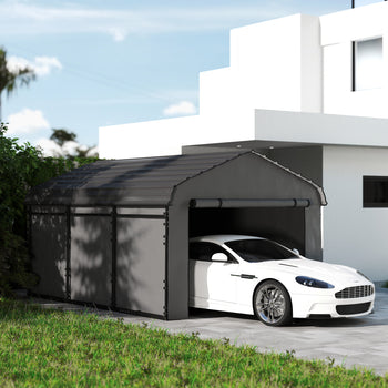 10' x 15' Metal Carport, Heavy Duty Garage Car Canopy with Galvanized Metal Roof and Removable Sidewalls, Dark Gray