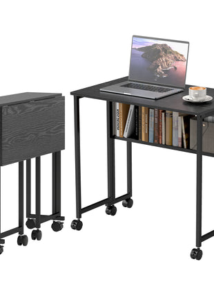 Folding Computer Desk, Foldable Desk with Storage Bag, Shelf and Wheels for Small Spaces, Home Office, Black
