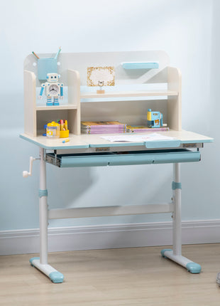 Wooden Kids Study Desk, Height Adjustable Children School Study Table, Student Writing Desk with Tilt Desktop, Drawer, Storage Shelf, Pen Holder, Blue