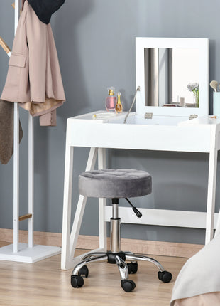 Round Rolling Stool, Height Adjustable Vanity Chair, Upholstery Office Chair with Swivel Seat and Wheels, Grey