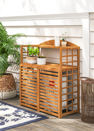 Outdoor Air Conditioner Fence Privacy Screen, Wood AC Fence Potting Table with Shelves for Patio, Light Brown