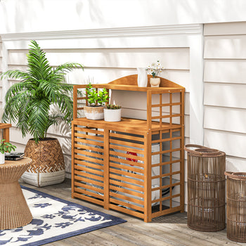 Outdoor Air Conditioner Fence Privacy Screen, Wood AC Fence Potting Table with Shelves for Patio, Light Brown