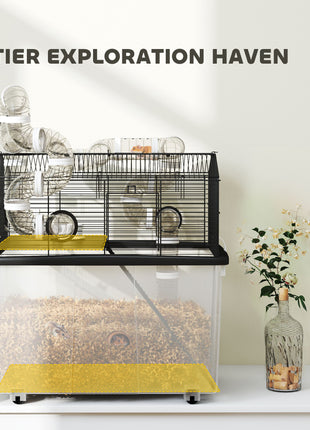 2 Tier Hamster Cage with 12" Deep Tray, Tube System, Water Bottle, Ramp, Feeding Bowl, 23" x 17" x 22", Black