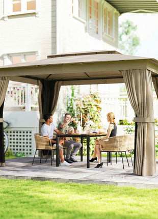 10' x 12' Outdoor Patio Gazebo, Soft Top Gazebo Canopy Shelter with Curtains, Netting, Steel Frame, Hooks, Khaki