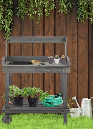 36'' Wooden Potting Bench Work Table with 2 Removable Wheels, Sink, Drawer & Large Storage Spaces, Gray