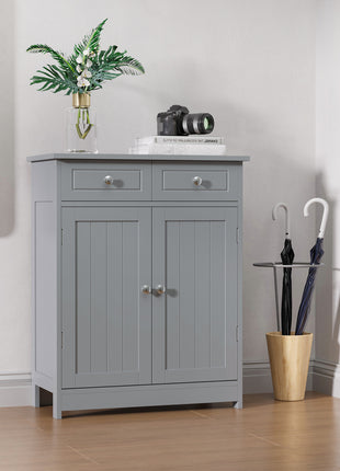 Freestanding Bathroom Floor Cabinet, Wooden Bathroom Cabinet with 2 Doors, 2 Drawers and Adjustable Shelf, Gray