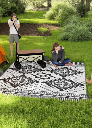 Reversible Outdoor Rug, Waterproof Plastic Straw with Carry Bag, 9' x 12', White & Black Toothed Rhombus