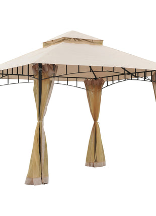 10' x 10' Outdoor Patio Gazebo Canopy Tent with Mesh Sidewalls, 2-Tier Canopy for Backyard, Beige