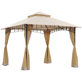 10' x 10' Outdoor Patio Gazebo Canopy Tent with Mesh Sidewalls, 2-Tier Canopy for Backyard, Beige