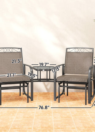Outdoor Glider Chairs with Coffee Table, Patio 2-Seat Rocking Chair Swing with Breathable Sling for Backyard, Garden and Porch, Brown