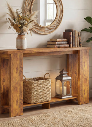 Farmhouse Console Table, 63" Narrow Entryway Table with Thickened Tabletop for Living Room, Hallway, Distressed Brown