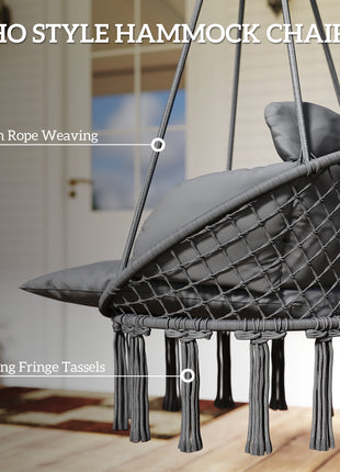 Hammock Swing Chair, Macrame Hanging Chair with Large Cushion, Chain, Steel Frame for Indoor Outdoor Use, Dark Gray