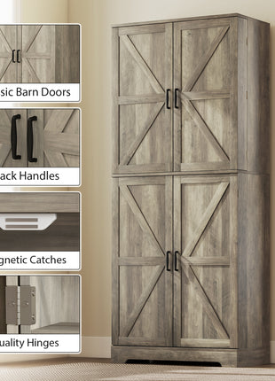 Farmhouse Kitchen Pantry, 72" Tall Pantry Cabinet with 4 Barn Doors, 4 Adjustable Shelves and 8 Door Shelves, Gray Wash