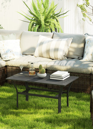 Outdoor Coffee Table with Slatted Tabletop, All-Weather Rectangle Metal Patio Coffee Table for Garden, Black