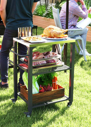 3-Shelf Outdoor Grill Cart with Stainless Steel Tabletop, Movable Pizza Oven Table with Hooks, Side Handle, Wheels