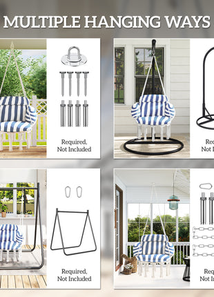 Hammock Swing Chair, Macrame Hanging Chair with Large Cushion, Chain, Steel Frame for Indoor Outdoor Use, Blue and White
