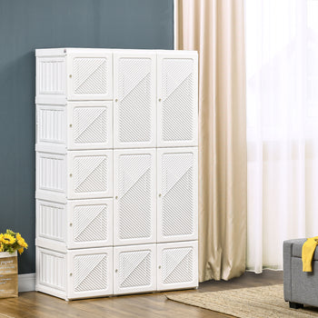 Portable Wardrobe Closet, Folding Clothes Storage Organizer with 8 Cube Compartments, 2 Hanging Rods, White