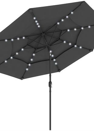 9.7 ft Outdoor Patio Umbrella with Solar LED Lights, 3 Tier Outdoor Table Umbrella with Tilt, Crank, Black